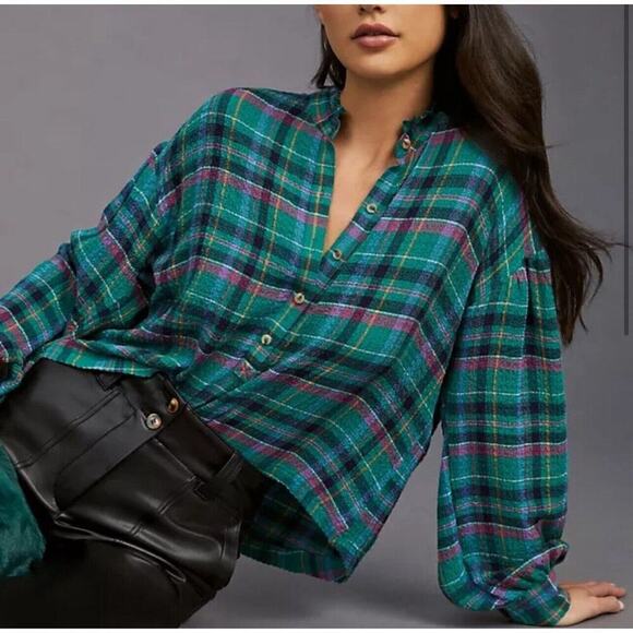 Pilcro Tops - Anthropologie Pilcro Cropped Puff-Sleeve Soft Crinkle Plaid Blouse Green Sz XXS